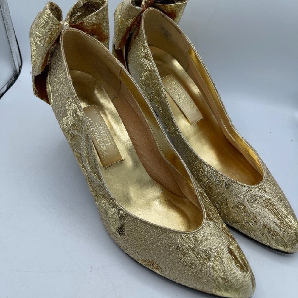 Vintage Frederico Leone Gold Brocade Heels Bow Back Size 8.5 Glam